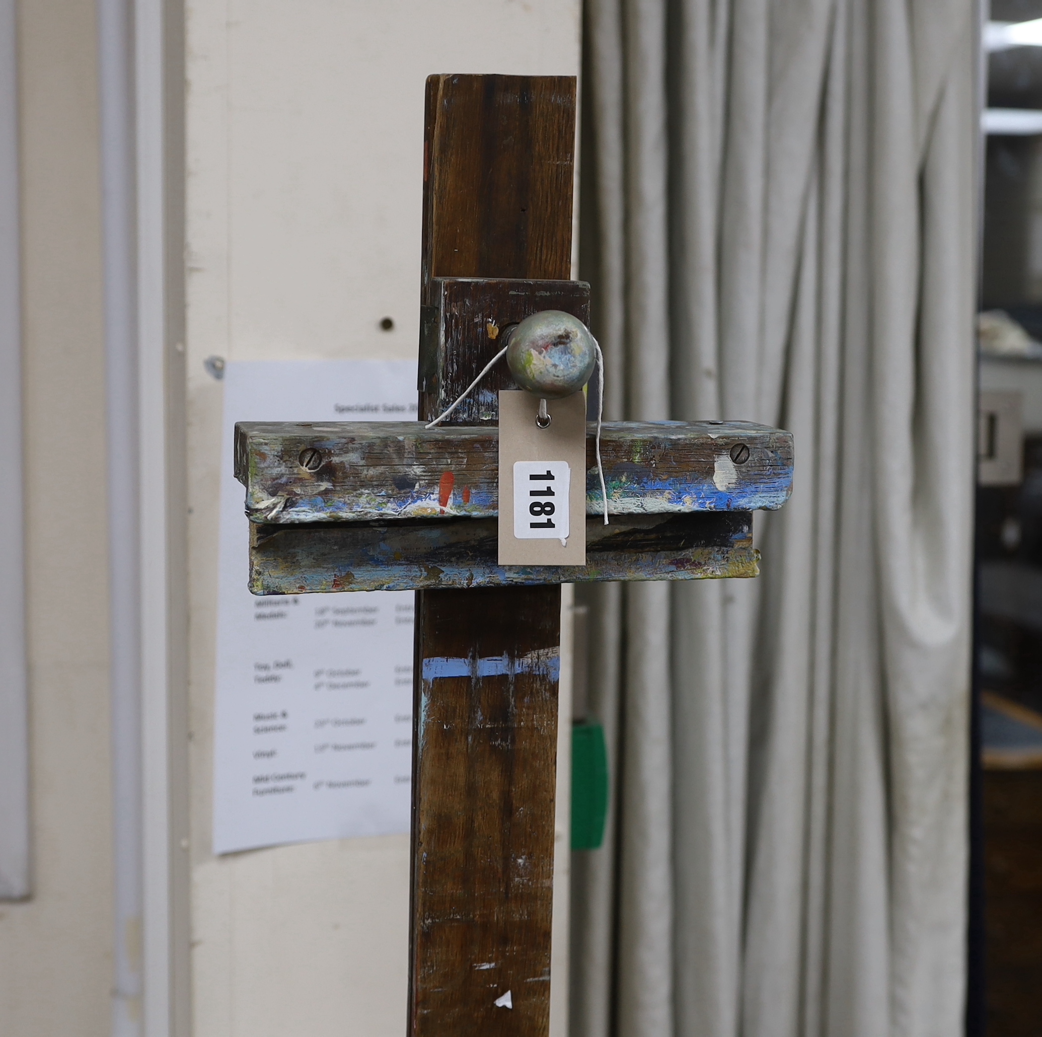 An early 20th century Reeves oak artist's studio easel label on reverse- constructed at Reeves woodworking factory
